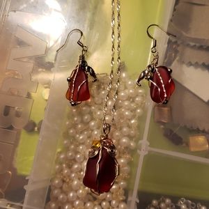 SEA GLASS NECKLACE, EARRINGS RED